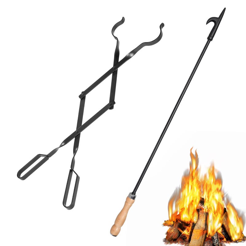 AGM 26 Fireplace Fire Pit Tongs 32 Fire Pit Poker Fireplace Wood Stove Firewood Tongs Black Heavy Duty Wrought Iron Log Grabber Tools for Campfire Bonfires Indoor Outdoor Use - Image 2