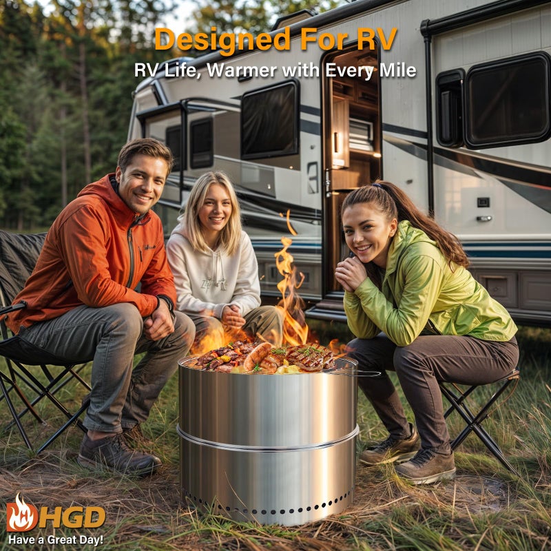 HGD 20 Inch Smokeless Firepit with Grill, Portable Wood Burning Fire Pit for Camping & Backyard, Stainless Steel Outdoor Fireplace with Travel Bag, Easy Setup & Compact Storage - Foldable Design - Image 5