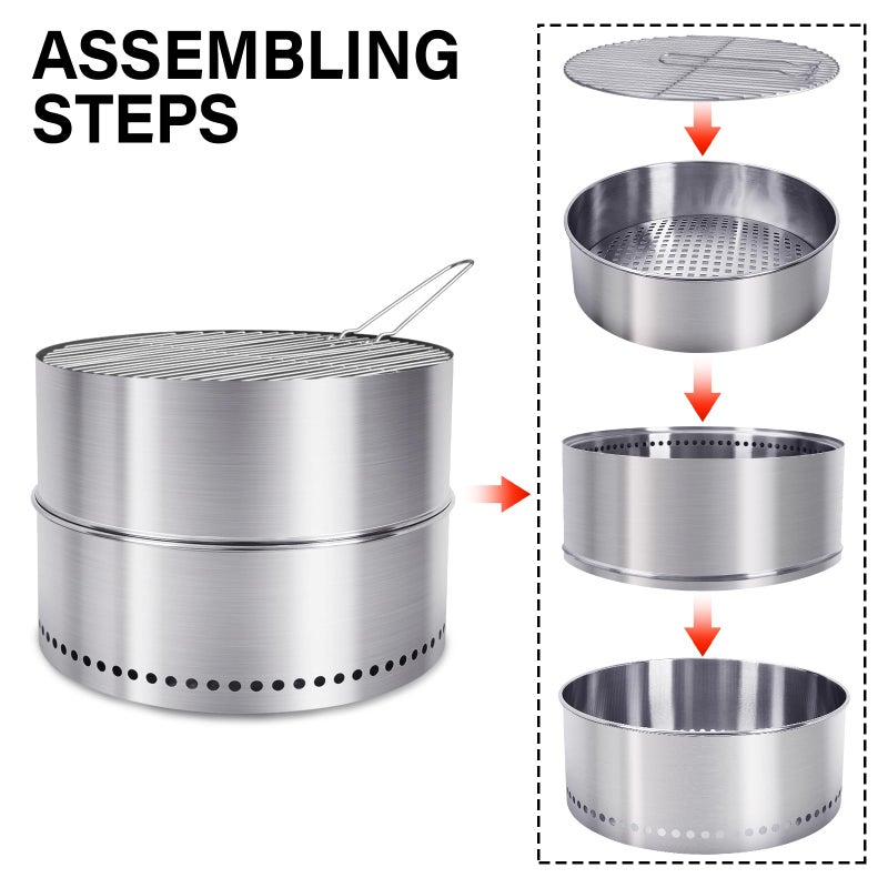 HGD 20 Inch Smokeless Firepit with Grill, Portable Wood Burning Fire Pit for Camping & Backyard, Stainless Steel Outdoor Fireplace with Travel Bag, Easy Setup & Compact Storage - Foldable Design - Image 3
