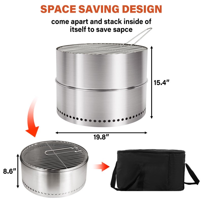 HGD 20 Inch Smokeless Firepit with Grill, Portable Wood Burning Fire Pit for Camping & Backyard, Stainless Steel Outdoor Fireplace with Travel Bag, Easy Setup & Compact Storage - Foldable Design - Image 2