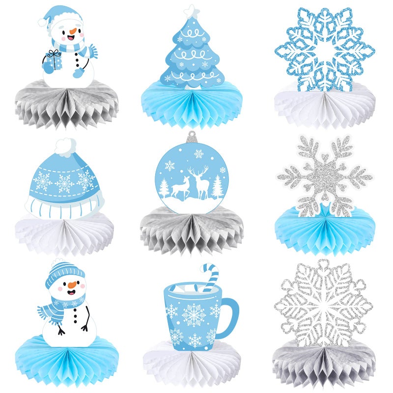 Faccito 9 Pcs Winter Table Honeycomb Centerpieces Snowflake Honeycomb Party Decorations Winter Party Centerpieces for Snowflake Theme Christmas Birthday Party Supplies(Blue) - Image 1