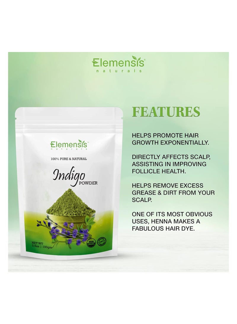 Elemensis Naturals - Elemensis Naturals Pure Indigo Powder organic for hair color, make shiny and strong hair, reduce hair fall and dandruff, 100gm - Image 1