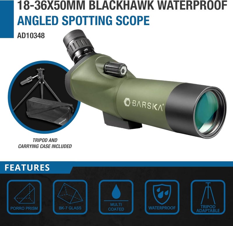 BARSKA BARSKA Blackhawk Waterproof 1836x50 Angled Green Spotting Scope with Tripod for Birding Hunting Shooting Travel Sport Events  - Image 3