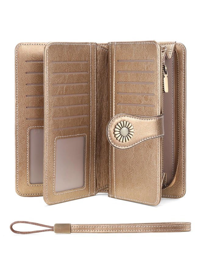 SENDEFN Wallets for Women Leather Credit Card Holder with RFID Blocking Large Capacity Wristlet, 1-Wax-Gold, Large Capacity Wallet - Image 1