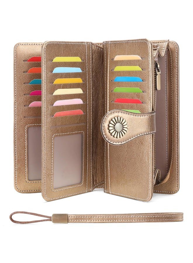 SENDEFN Wallets for Women Leather Credit Card Holder with RFID Blocking Large Capacity Wristlet, 1-Wax-Gold, Large Capacity Wallet - Image 2