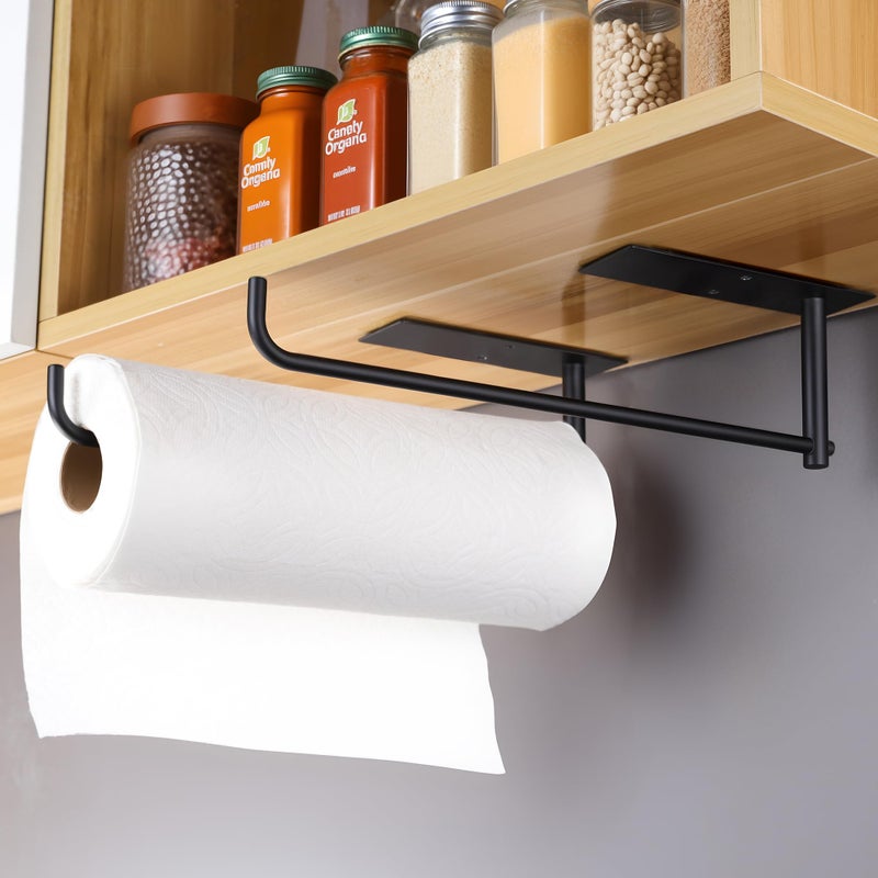 SUNTECH 2 Pack Paper Towel Holder Under Cabinet, Adhesive or Drilling Paper Towel Holder Wall Mounted, Stainless Steel Kitchen Towel Roll Holder for Bathroom, RV (Black) - Image 1