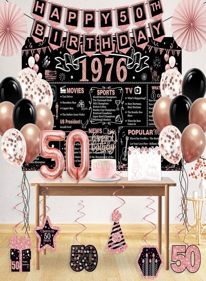 YeohJoy 50th Birthday Decorations for Women,32PCS Back in 1976 Birthday Party Decorations,Including Backdrop, Crown, Sash, banner, Hanging Swirl,Cake Topper,balloons,Paper Fans and Anniversary Card - Image 2