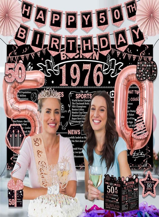 YeohJoy 50th Birthday Decorations for Women,32PCS Back in 1976 Birthday Party Decorations,Including Backdrop, Crown, Sash, banner, Hanging Swirl,Cake Topper,balloons,Paper Fans and Anniversary Card - Image 4