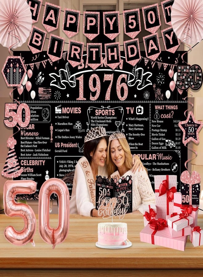 YeohJoy 50th Birthday Decorations for Women,32PCS Back in 1976 Birthday Party Decorations,Including Backdrop, Crown, Sash, banner, Hanging Swirl,Cake Topper,balloons,Paper Fans and Anniversary Card - Image 5
