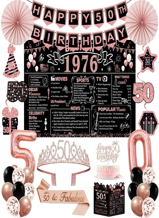 YeohJoy 50th Birthday Decorations for Women,32PCS Back in 1976 Birthday Party Decorations,Including Backdrop, Crown, Sash, banner, Hanging Swirl,Cake Topper,balloons,Paper Fans and Anniversary Card - Image 1