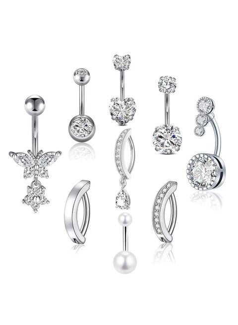 مجموعة 9 قطع من أزرار البطن الفضية القصيرة المرصعة 【 قلوب - قطرات - هدايا - بيكيني 】