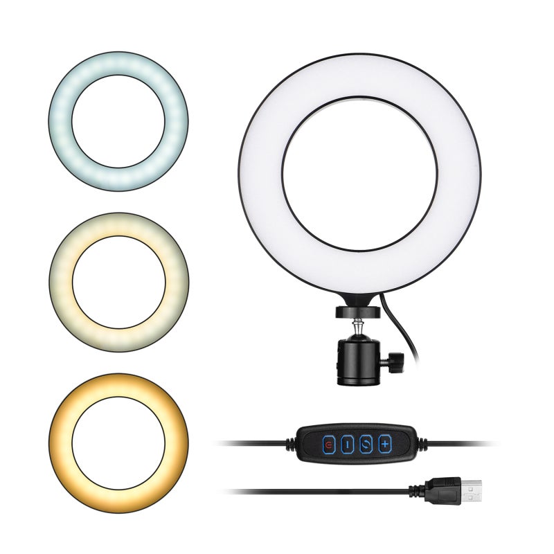 مصباح حلقي LED: مصباح حلقي LED مصغر أسود مقاس 6 بوصات - 3 أنماط إضاءة و11 مستوى سطوع يعمل عبر يو إس بي مع رأس كرة قابل للدوران للمباشرة وتسجيل الفيديوهات والدردشة عبر الإنترنت - Image 1