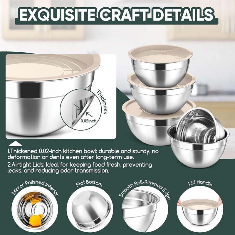 Herogo 5-Piece Stainless Steel Mixing Bowls with Lids, 3 Grater Attachments, Nesting Large Bowls of 5 for Kitchen, Size 4.6, 3.5, 2.5, 2, 1.5QT Ideal for Baking, Prepping, Mixing and Serving, Khaki - Image 3