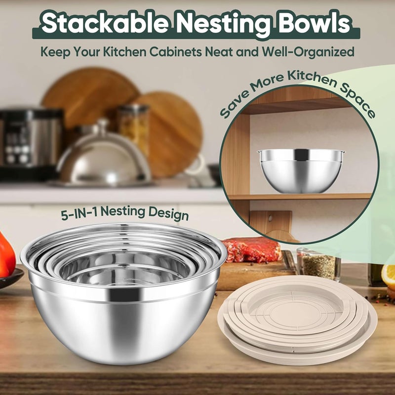 Herogo 5-Piece Stainless Steel Mixing Bowls with Lids, 3 Grater Attachments, Nesting Large Bowls of 5 for Kitchen, Size 4.6, 3.5, 2.5, 2, 1.5QT Ideal for Baking, Prepping, Mixing and Serving, Khaki - Image 4