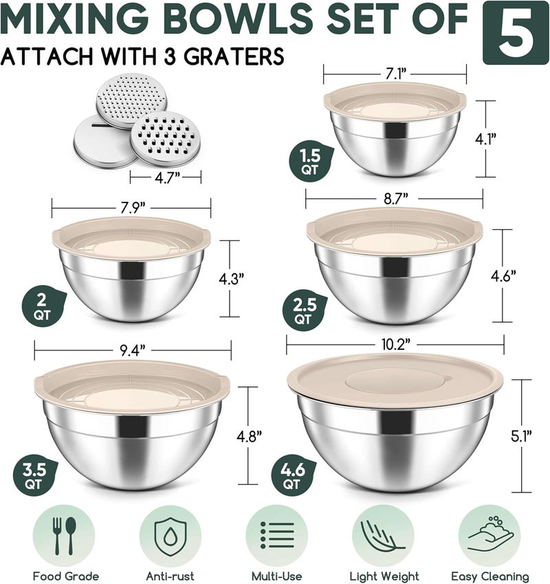 Herogo 5-Piece Stainless Steel Mixing Bowls with Lids, 3 Grater Attachments, Nesting Large Bowls of 5 for Kitchen, Size 4.6, 3.5, 2.5, 2, 1.5QT Ideal for Baking, Prepping, Mixing and Serving, Khaki - Image 2