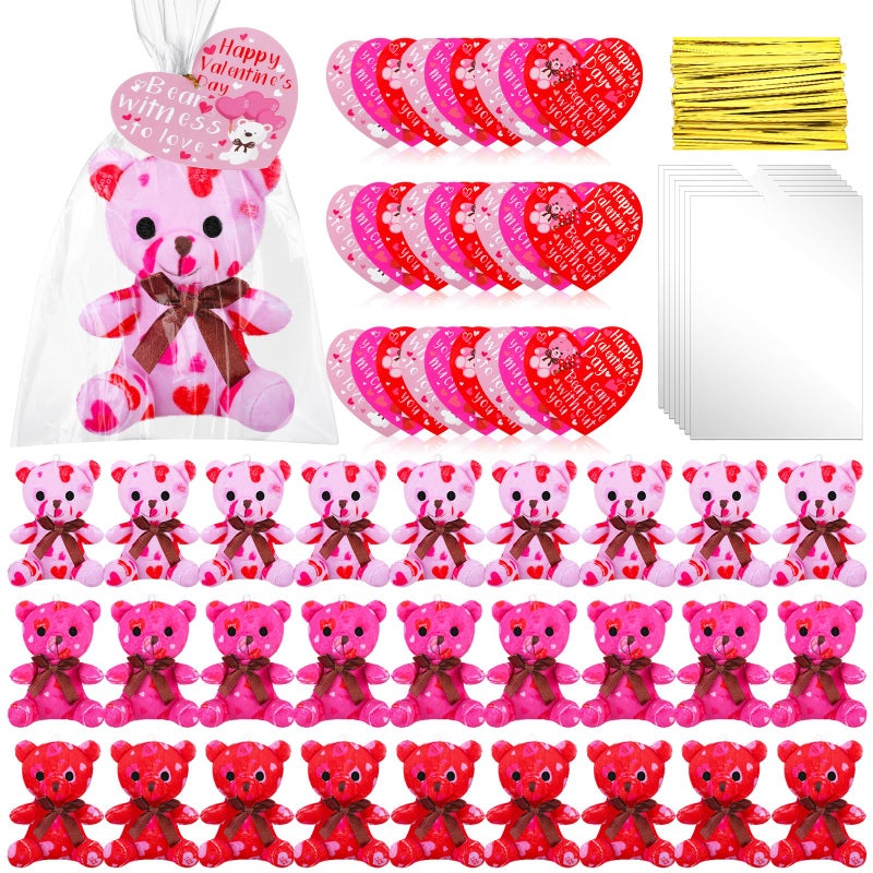 Poen 18 Pack Valentines Day Bears Bulk with Heart Cards Mini Valentine Stuffed Animal with Heart Pattern Bears Toys Keychains for Kids Boy Girl Classroom Prize Goodie Bag Stuffers Party Favor - Image 3