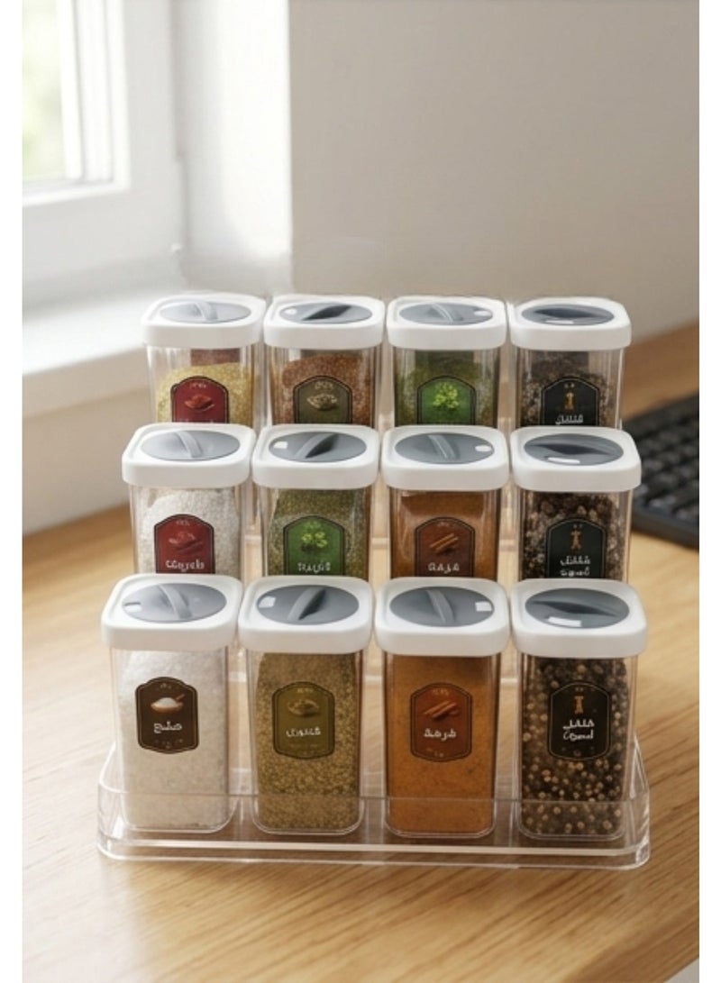 12-Piece Spice Jar Set with 3-Tier Clear Acrylic Organizer Rack – 250ml Plastic Spice Containers with Rotating Dual-Pour Lid – Modern Space-Saving Kitchen Storage Solution - Image 1