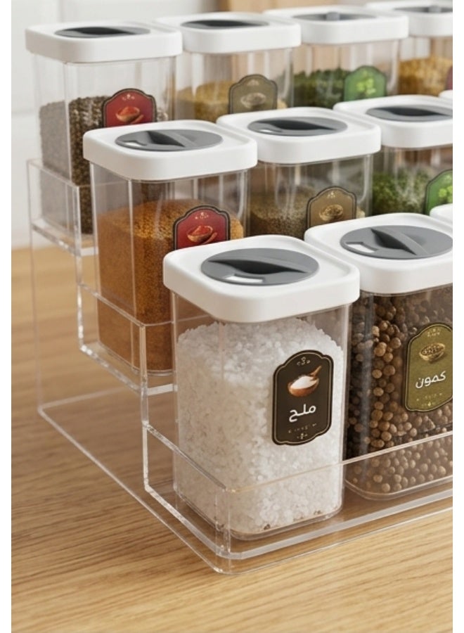 12-Piece Spice Jar Set with 3-Tier Clear Acrylic Organizer Rack – 250ml Plastic Spice Containers with Rotating Dual-Pour Lid – Modern Space-Saving Kitchen Storage Solution - Image 2