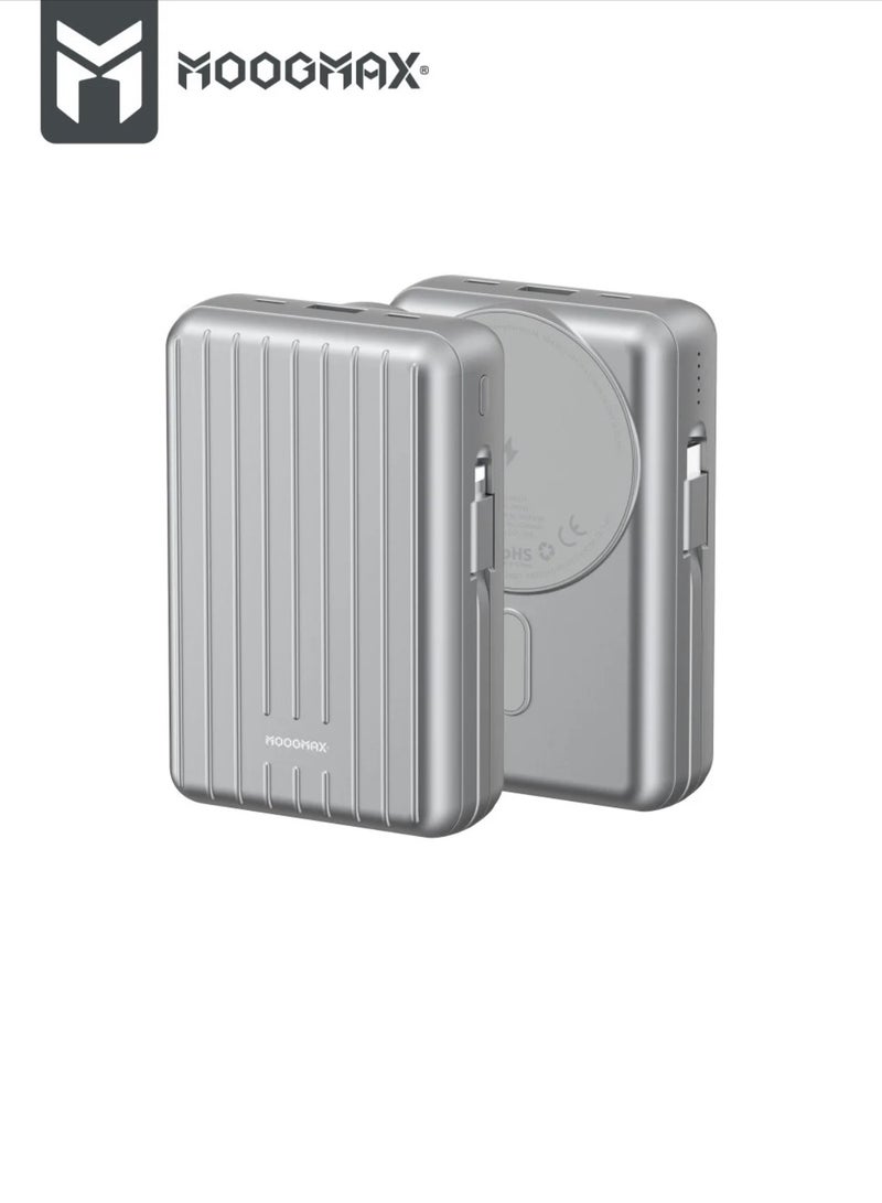 MOOG MAX Trunk Series Magnetic Wireless Power Bank 20000mAh 22.5W Super Charge 2 Built-in Cables with 15W Wireless Charging 3 External Ports 1 Type-c 1 Type-A and Lightning(iPhone) Port for Power Bank Charging. Silver  - Image 1