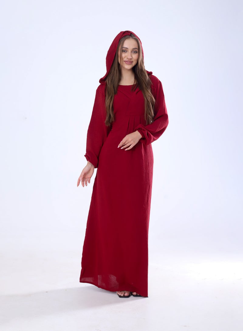 BEBO Plain long dress with hood and belt, free size, fits from 60 to 85 kg approximately_Burgundy  - Image 1