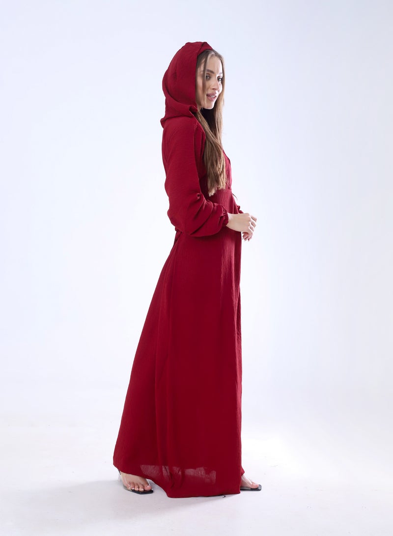 BEBO Plain long dress with hood and belt, free size, fits from 60 to 85 kg approximately_Burgundy  - Image 3
