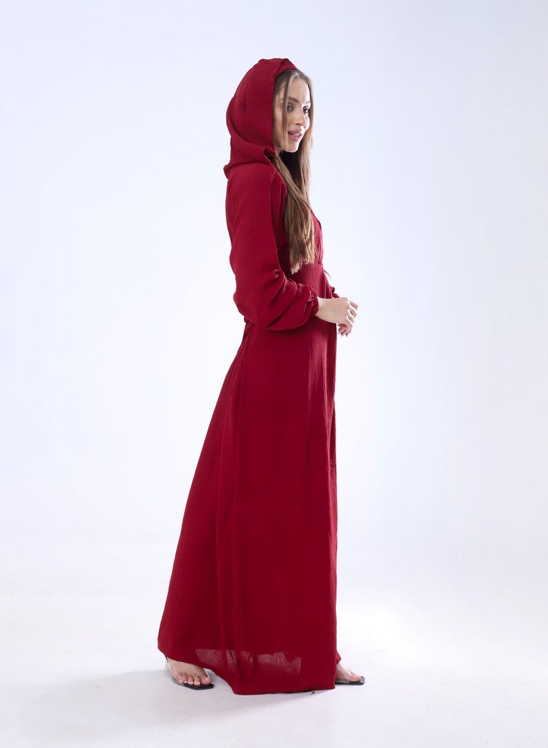 BEBO Plain long dress with hood and belt, free size, fits from 60 to 85 kg approximately_Burgundy - Image 2