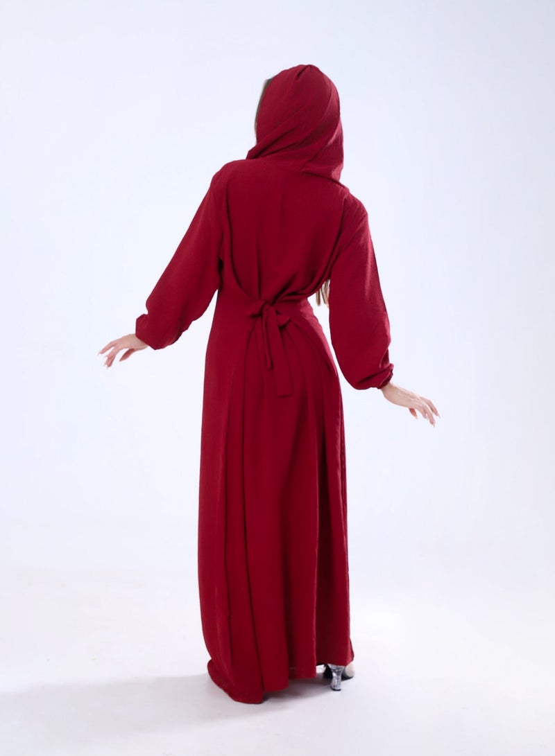 BEBO Plain long dress with hood and belt, free size, fits from 60 to 85 kg approximately_Burgundy - Image 3