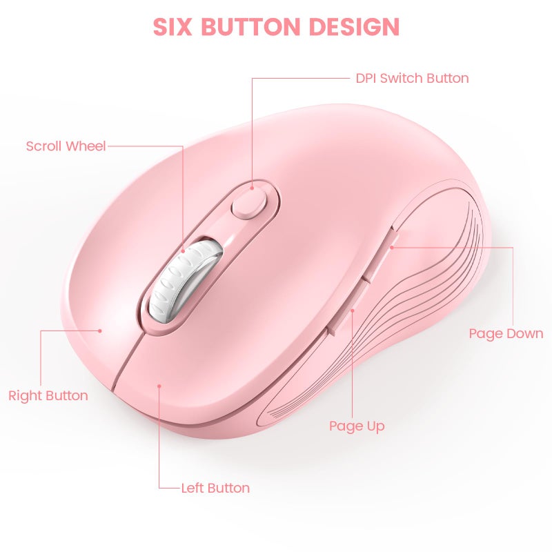 WisFox 2.4G Wireless Mouse for Laptop, Ergonomic Computer Mouse with USB Receiver and Type-C Adapter, 3 Adjustable Levels DPI, 6 Button Cordless Wireless Mice (Blush Pink) - Image 4
