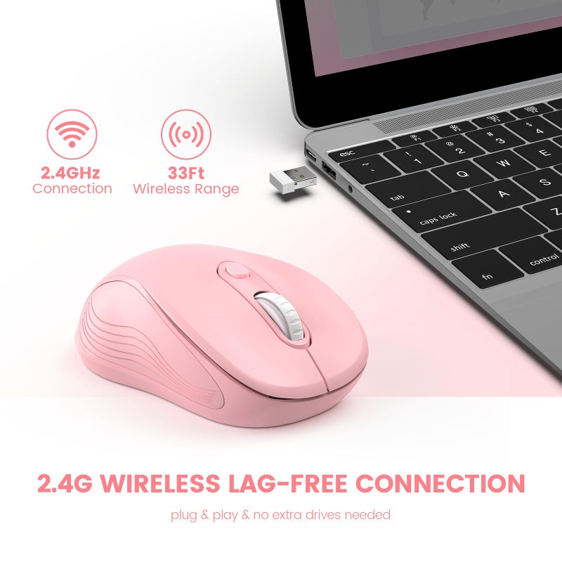 WisFox 2.4G Wireless Mouse for Laptop, Ergonomic Computer Mouse with USB Receiver and Type-C Adapter, 3 Adjustable Levels DPI, 6 Button Cordless Wireless Mice (Blush Pink) - Image 2