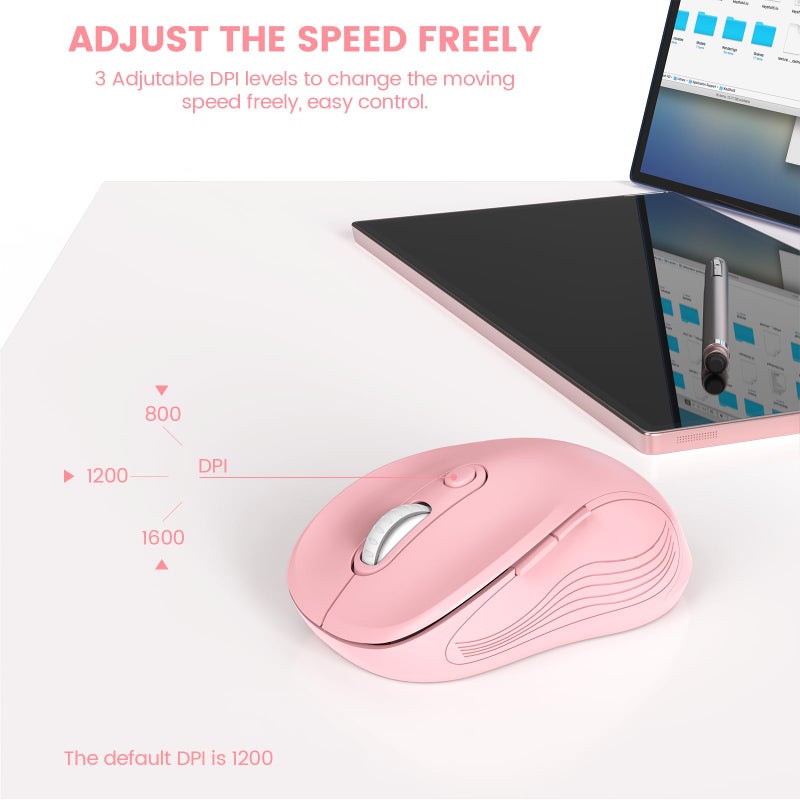 WisFox 2.4G Wireless Mouse for Laptop, Ergonomic Computer Mouse with USB Receiver and Type-C Adapter, 3 Adjustable Levels DPI, 6 Button Cordless Wireless Mice (Blush Pink) - Image 3