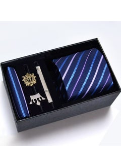 Generic Fashionable Stripes Pattern Necktie Suit Gift Box Set（Tie, Pocket Square, Broochs, Tie Clip Set )-Blue Purple 