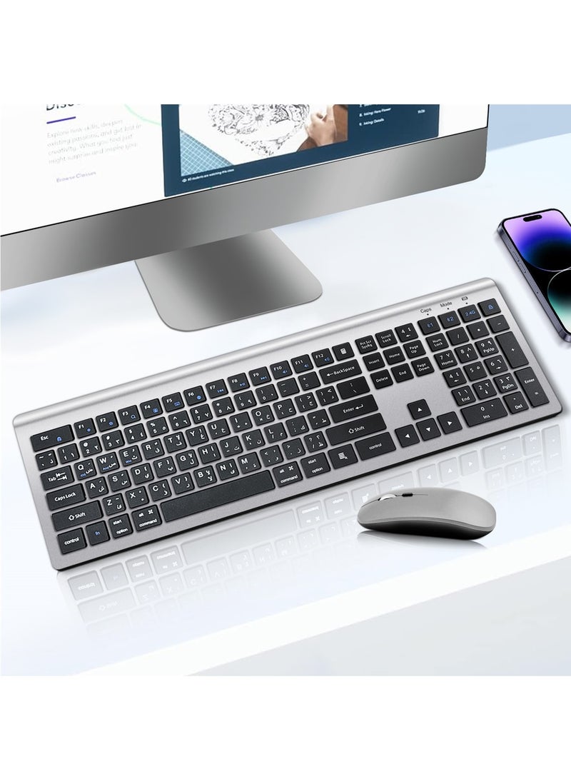 Aookay Arabic English Wireless Keyboard and Mouse: 2.4G Bluetooth Rechargeable - Full Size Silent Keyboard Mouse with Number Pad for iOS/Windows/Android - for MacBook/Air/iPad/iPhone, Computer, Laptop - Image 1