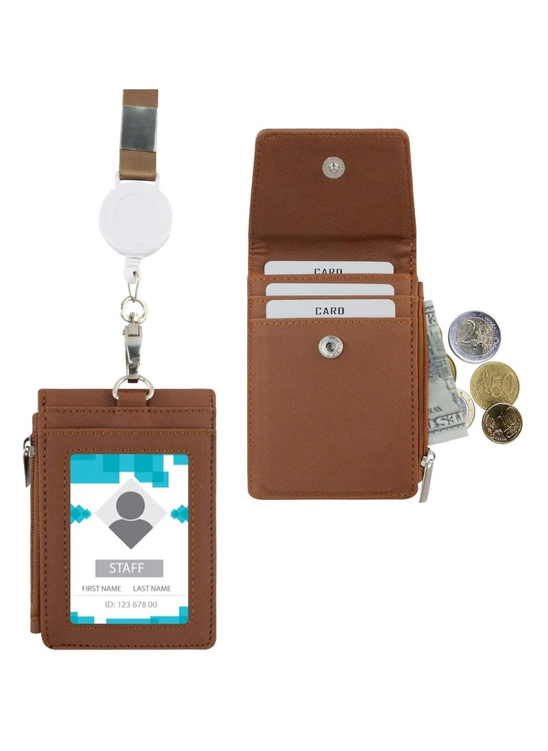 Oasisgalore PU Leather Badge Holder with Zipper, Retractable Lanyard, Clear ID Window & 3 Card Slots (Brown).  - Image 1