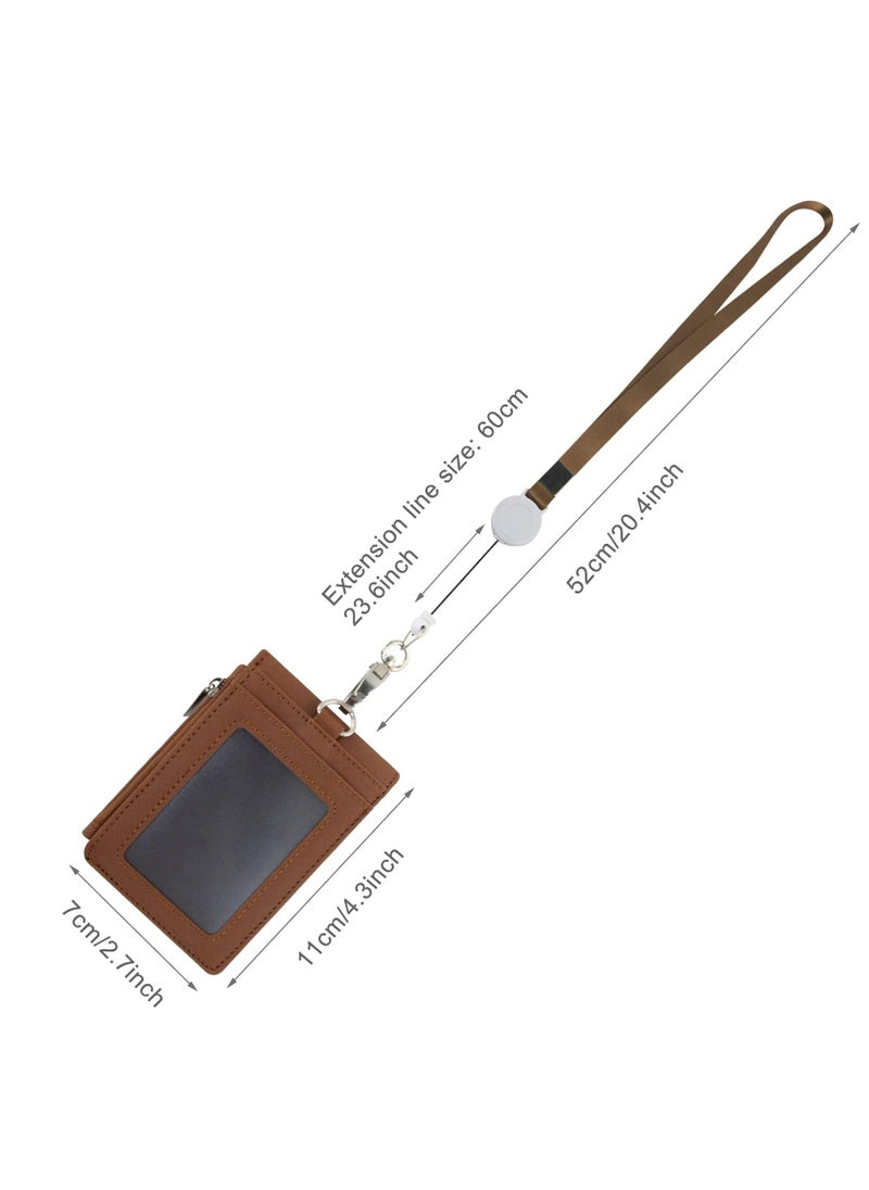 Oasisgalore PU Leather Badge Holder with Zipper, Retractable Lanyard, Clear ID Window & 3 Card Slots (Brown).  - Image 2