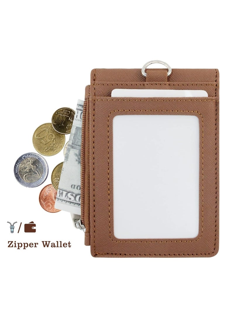 Oasisgalore PU Leather Badge Holder with Zipper, Retractable Lanyard, Clear ID Window & 3 Card Slots (Brown).  - Image 3