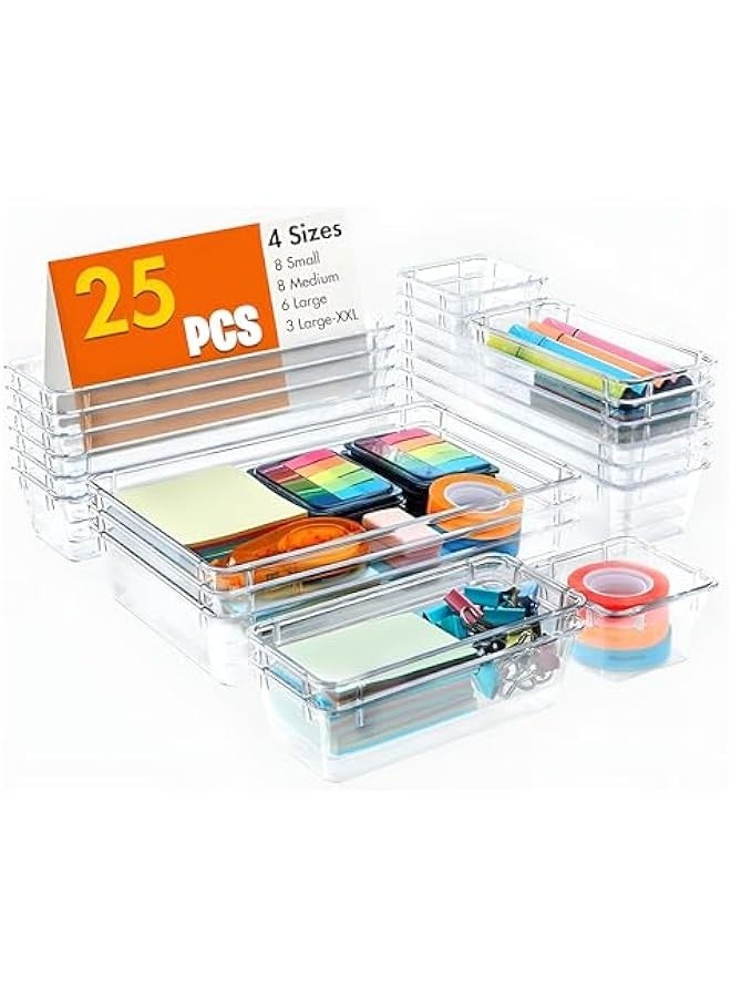 Beauenty 25 PCS Clear Plastic Drawer Organizer Set – 4 Sizes Versatile Storage Bins for Makeup, Kitchen, Bathroom, Vanity, Desk & Office – Stackable & Durable Drawer Divider Trays for Home Organization - Image 1