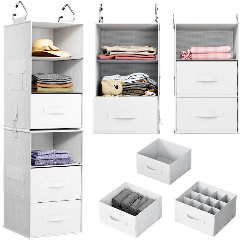 Pipishell 6Shelf Hanging Closet Organizer Hanging Shelves with 2 Separable 3Tier Shelves Closet Shelves Organizer with 3 Removable Drawers for Wardrobe Nursery Baby Clothes Organizer White