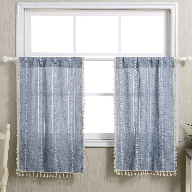 RoomTalks Boho Kitchen Curtains 36 Inch Length French Striped Farmhouse Vintage Chic Cottage Tassel Short Cafe Curtains for Small Window Kitchen Bathroom Bohemian Decor (36’’L x 24’’W, Blue) - Image 1