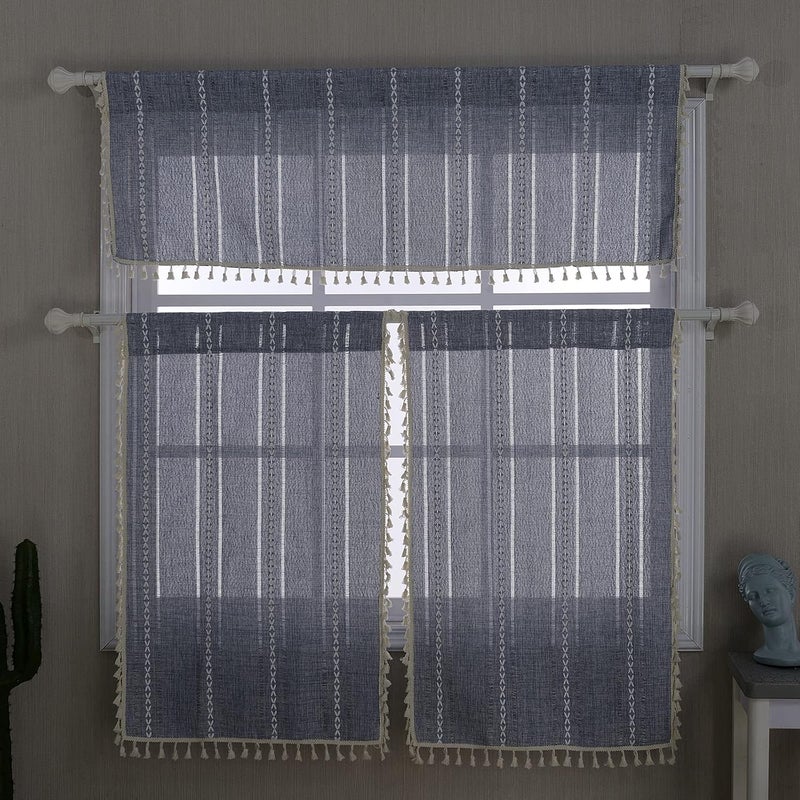RoomTalks Boho Kitchen Curtains 36 Inch Length French Striped Farmhouse Vintage Chic Cottage Tassel Short Cafe Curtains for Small Window Kitchen Bathroom Bohemian Decor (36’’L x 24’’W, Blue) - Image 5