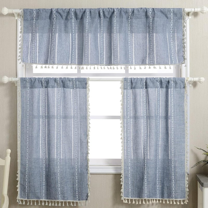 RoomTalks Boho Kitchen Curtains 36 Inch Length French Striped Farmhouse Vintage Chic Cottage Tassel Short Cafe Curtains for Small Window Kitchen Bathroom Bohemian Decor (36’’L x 24’’W, Blue) - Image 3