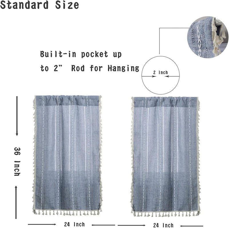 RoomTalks Boho Kitchen Curtains 36 Inch Length French Striped Farmhouse Vintage Chic Cottage Tassel Short Cafe Curtains for Small Window Kitchen Bathroom Bohemian Decor (36’’L x 24’’W, Blue) - Image 4