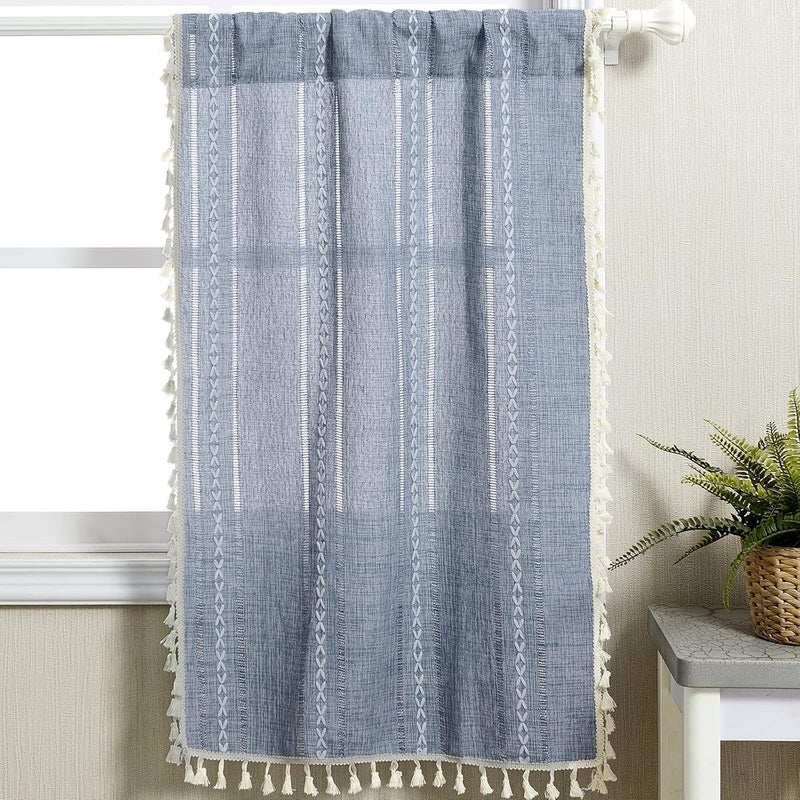 RoomTalks Boho Kitchen Curtains 36 Inch Length French Striped Farmhouse Vintage Chic Cottage Tassel Short Cafe Curtains for Small Window Kitchen Bathroom Bohemian Decor (36’’L x 24’’W, Blue) - Image 2