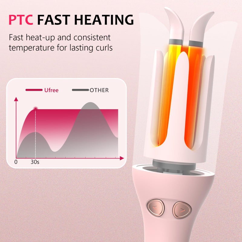 Ufree Automatic Rotating Curling Iron, 1 Inch Ceramic Curling Wand, 1-Click Hair Curler with 3 Heat & Timers, Anti-Scald Design, 1M Ionic Care, Dual Voltage for Travel Beach Waves, Rose Gold - Image 4