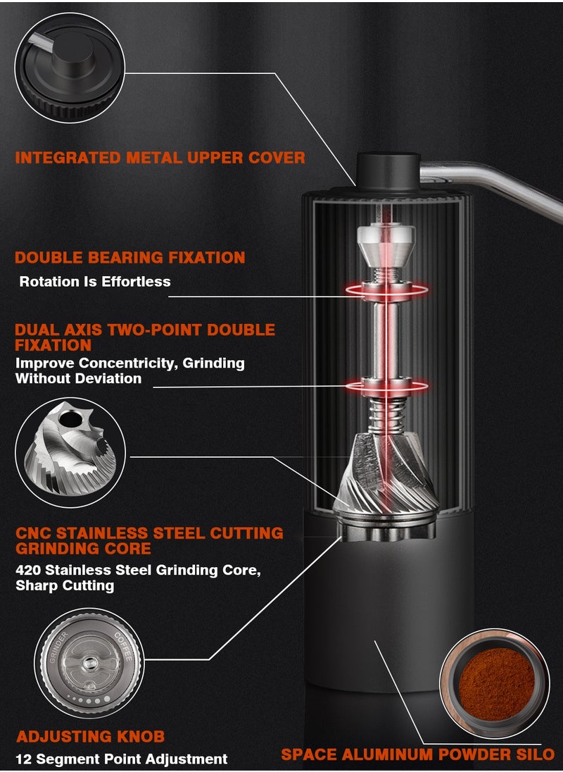Manual Coffee Grinder With 12-Gear Adjustable Setting,CNC Stainless Steel Tapered Burr And Dual Bearing Positioning For All Coarseness From Espresso To French Press