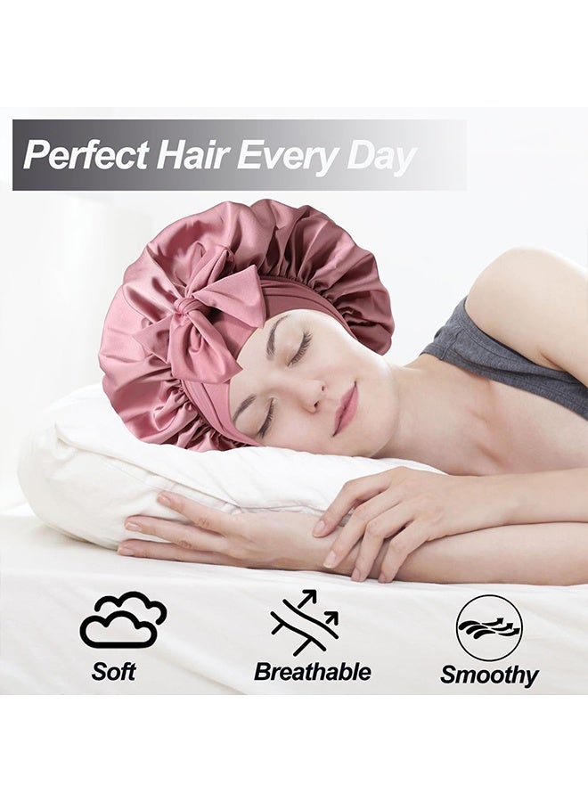 2PCS Silk Bonnet for Women, Satin Bonnet for Sleeping, Large Sleep Cap with Elastic Tie Band for Curly Hair (Bean Paste Pink+Black) - Image 5