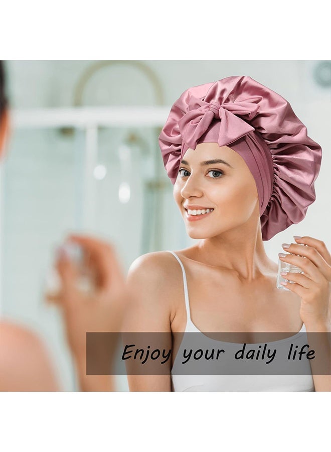 2PCS Silk Bonnet for Women, Satin Bonnet for Sleeping, Large Sleep Cap with Elastic Tie Band for Curly Hair (Bean Paste Pink+Black) - Image 2