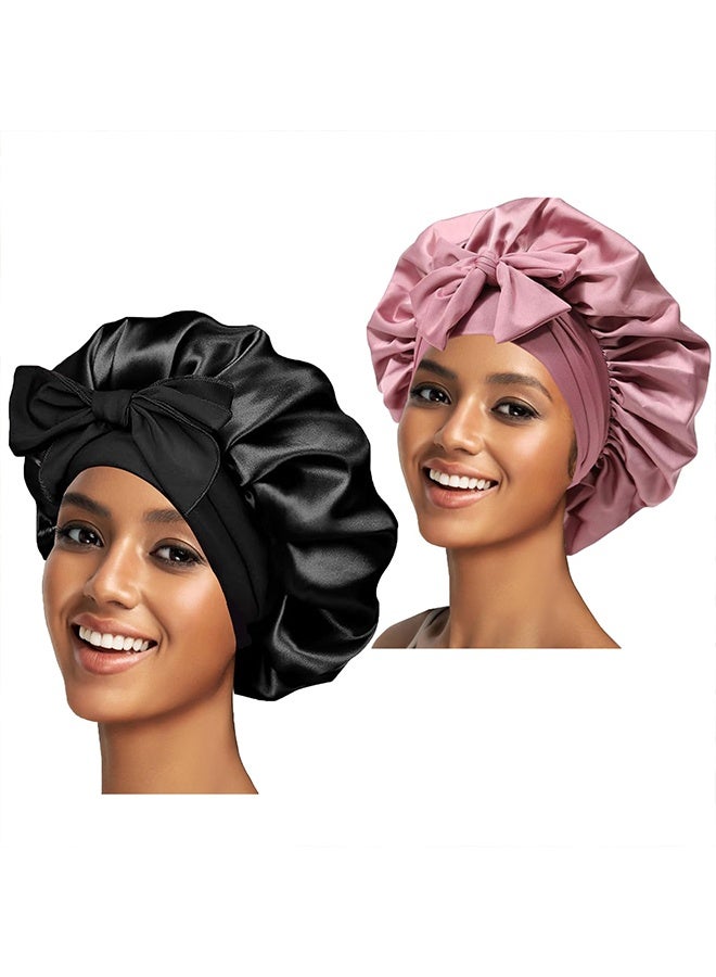2PCS Silk Bonnet for Women, Satin Bonnet for Sleeping, Large Sleep Cap with Elastic Tie Band for Curly Hair (Bean Paste Pink+Black) - Image 1