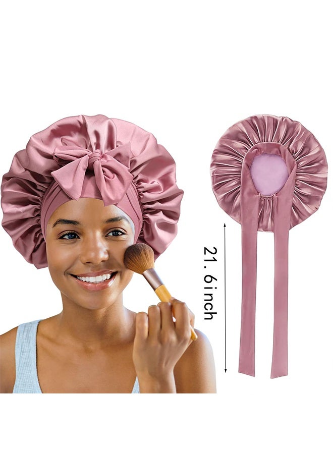 2PCS Silk Bonnet for Women, Satin Bonnet for Sleeping, Large Sleep Cap with Elastic Tie Band for Curly Hair (Bean Paste Pink+Black) - Image 3