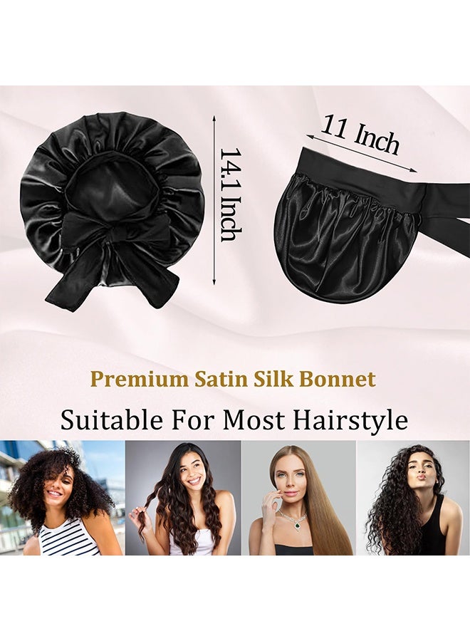 2PCS Silk Bonnet for Women, Satin Bonnet for Sleeping, Large Sleep Cap with Elastic Tie Band for Curly Hair (Bean Paste Pink+Black) - Image 4