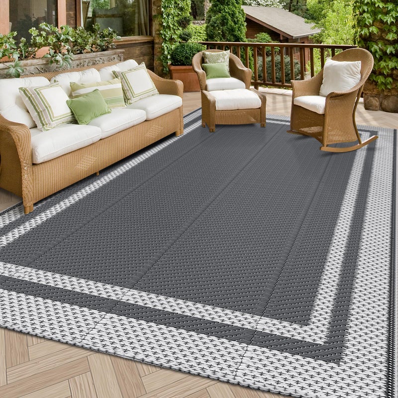 HappyTrends Outdoor Rug Reversible Portable Plastic Straw Camping Rugs for Outside RVLarge Waterproof Outdoor Area Rugs for PatioDeckPorchBalcony5x 8WhiteGray